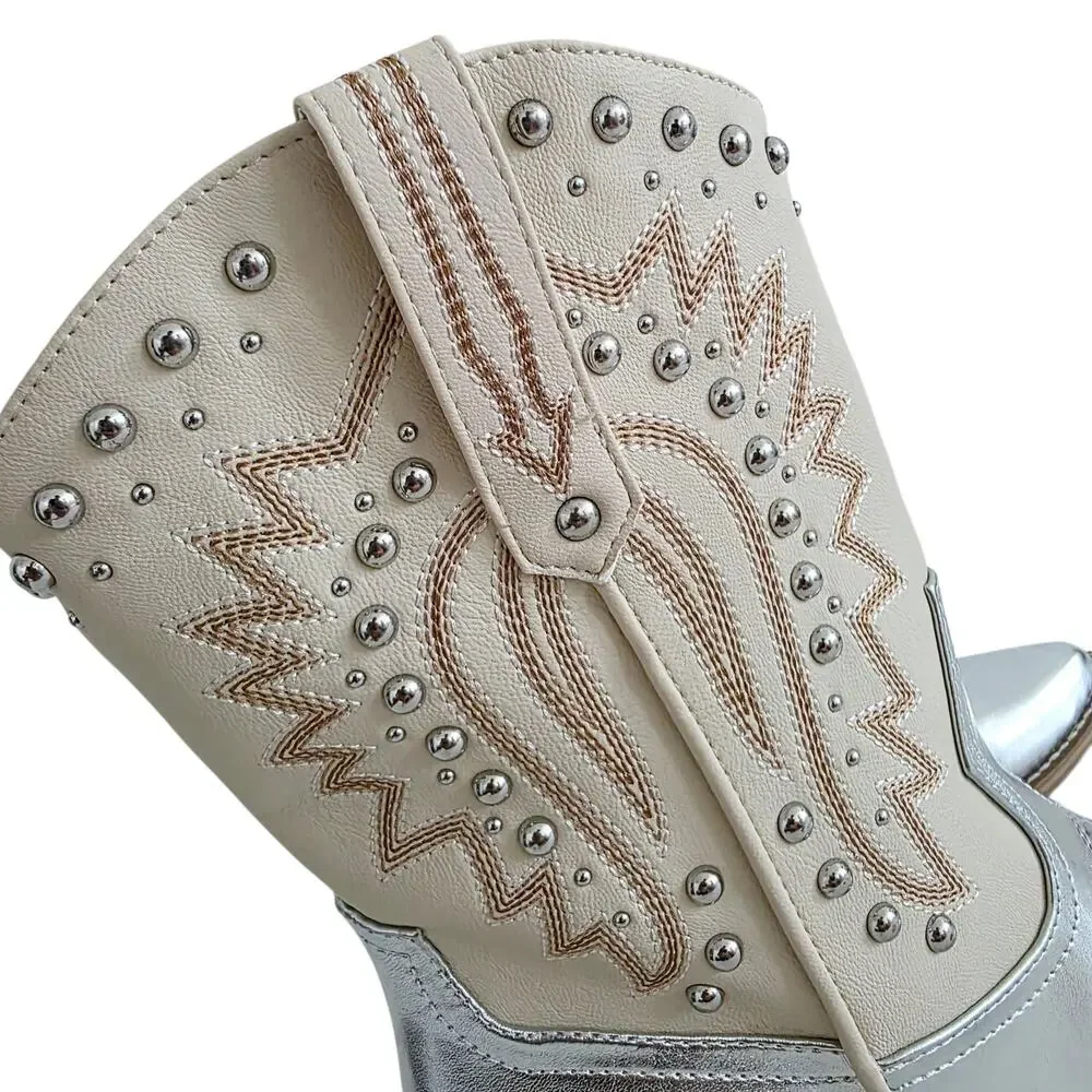 Dolce Vita Silver & Cream Beige Pointy Toe Studded Western Ankle Boots Size 8.5